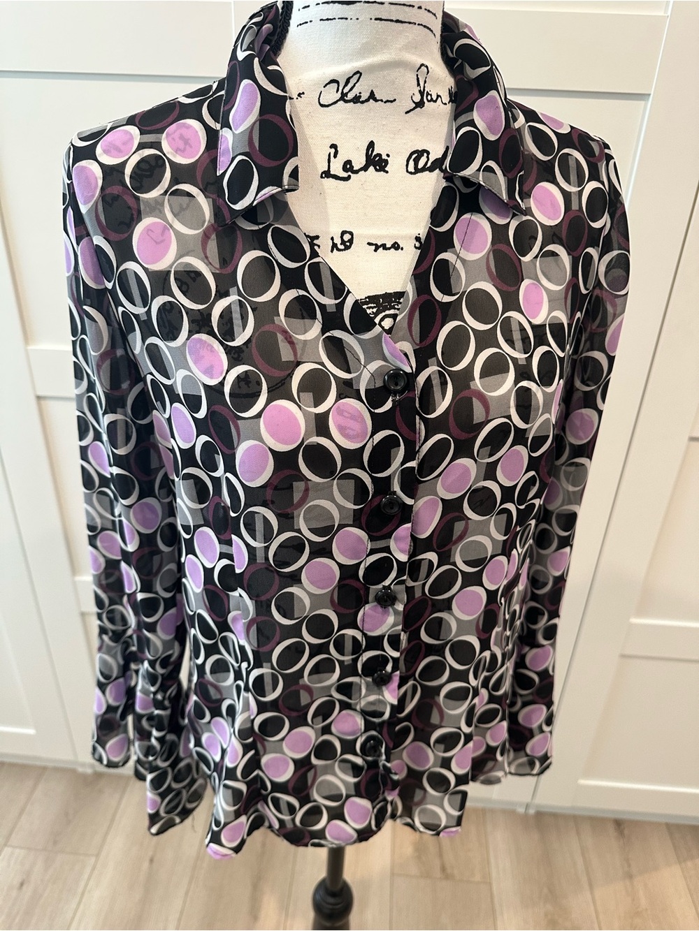 DRESS BARN Sheer Black and Lavender Button-Front Women’s Blouse SIZE LARGE